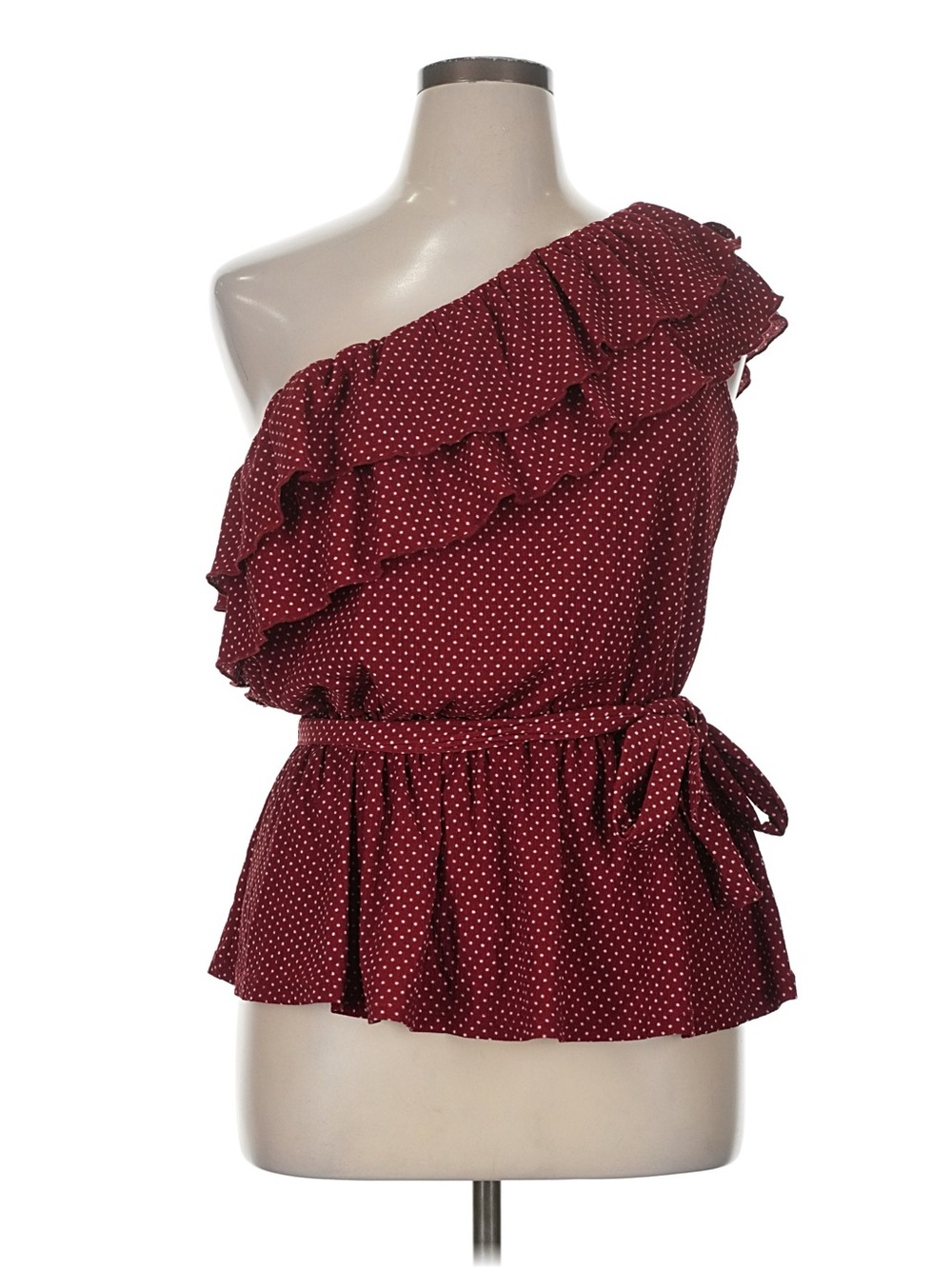 NWT Maeve Burgundy Polka Dot One-Shoulder Ruffle Top